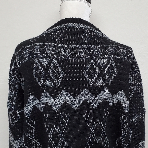 𝅺VINTAGE Chartwell Black Gray Knit Leather Trim V-neck Funky Pull-over Cardigan - Picture 11 of 13